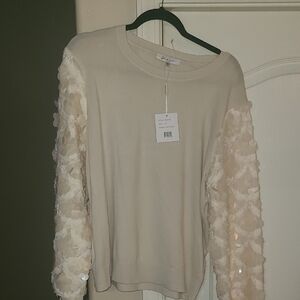 Sioni Cream Long-Sleeve Top with 3D Floral Sleeves